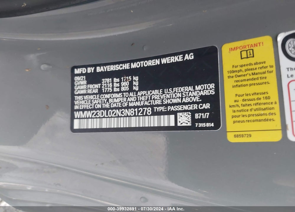 2022 MINI CONVERTIBLE COOPER VIN: WMW23DL02N3N81278