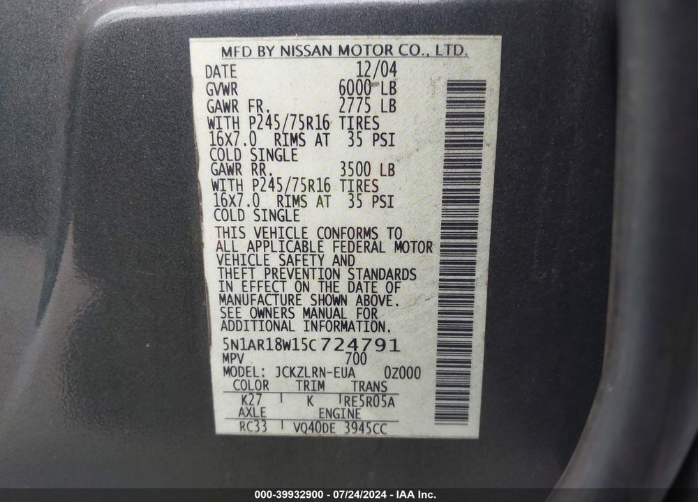 2005 NISSAN PATHFINDER XE VIN: 5N1AR18W15C724791