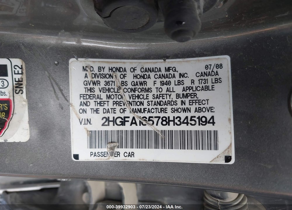 2008 HONDA CIVIC LX VIN: 2HGFA16578H345194