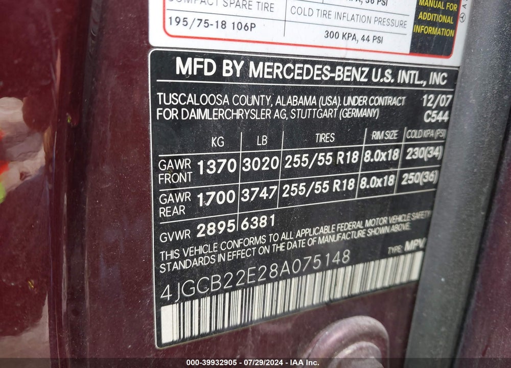 2008 MERCEDES-BENZ R 320 CDI 4MATIC VIN: 4JGCB22E28A075148