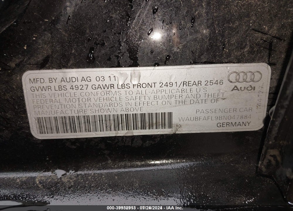 2011 AUDI A4 2.0T PREMIUM VIN: WAUBFAFL9BN047884