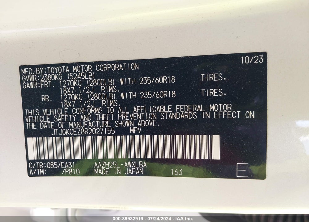 2024 LEXUS NX 350H PREMIUM VIN: JTJGKCEZ8R2027155