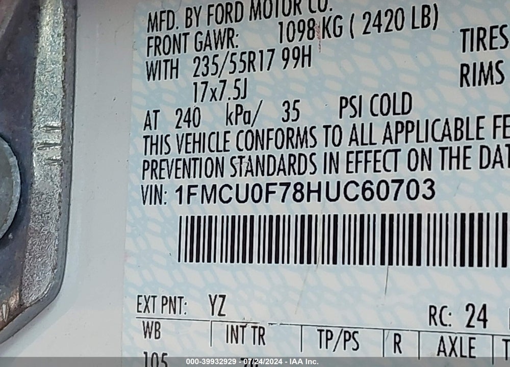 2017 FORD ESCAPE S VIN: 1FMCU0F78HUC60703