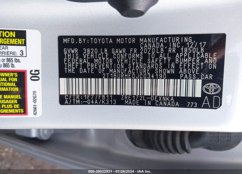 2018 TOYOTA COROLLA LE VIN: 2T1BURHE0JC034190