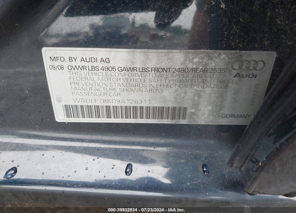 2009 AUDI A4 2.0T PREMIUM VIN: WAULF78K09A126311