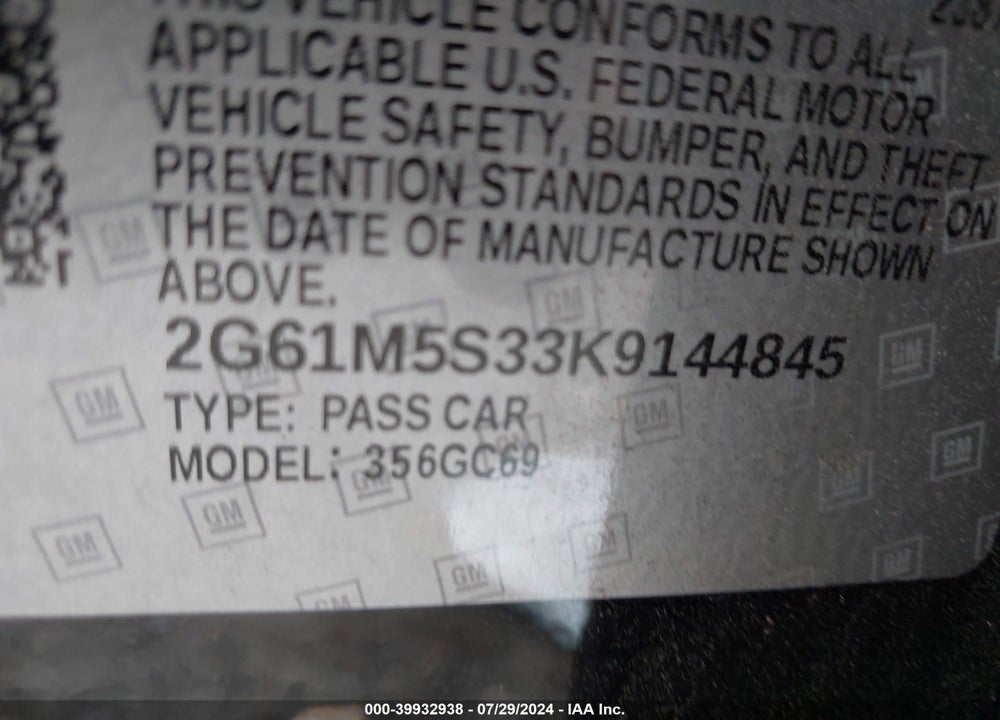 2019 CADILLAC XTS VIN: 2G61M5S33K9144845