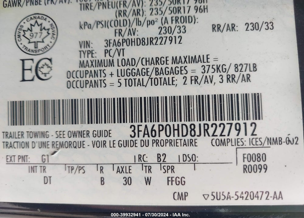 2018 FORD FUSION SE VIN: 3FA6P0HD8JR227912