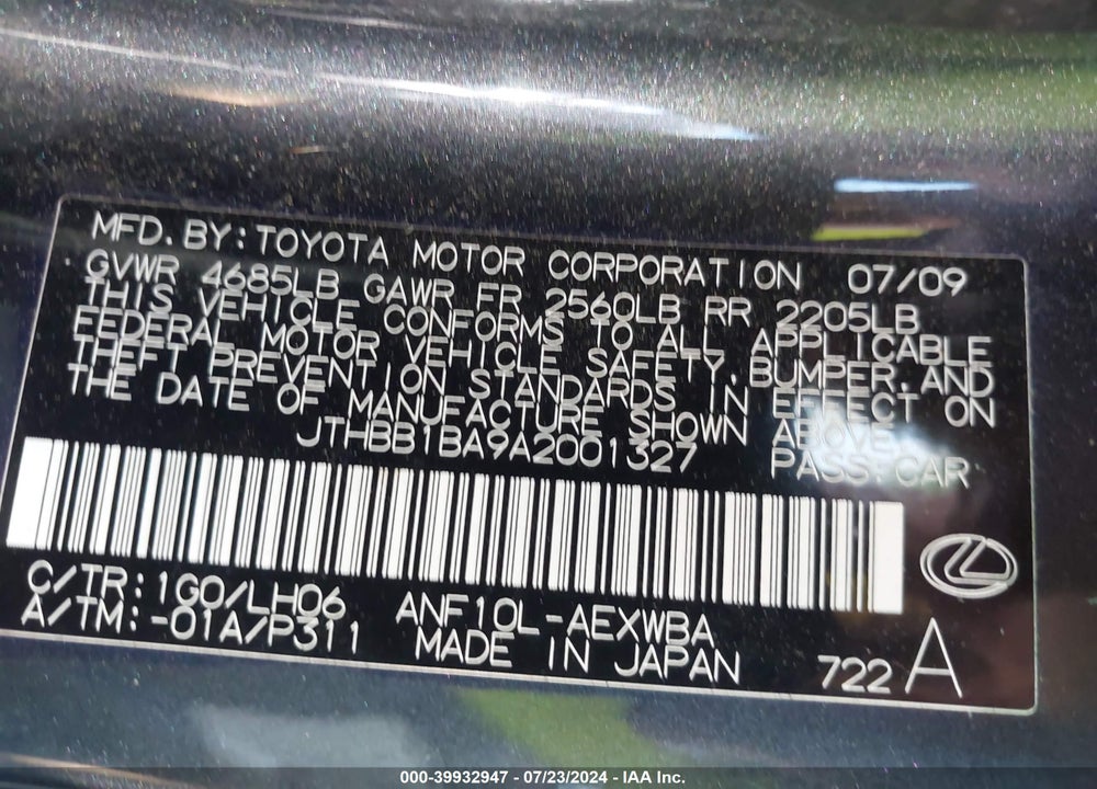 2010 LEXUS HS 250H PREMIUM VIN: JTHBB1BA9A2001327