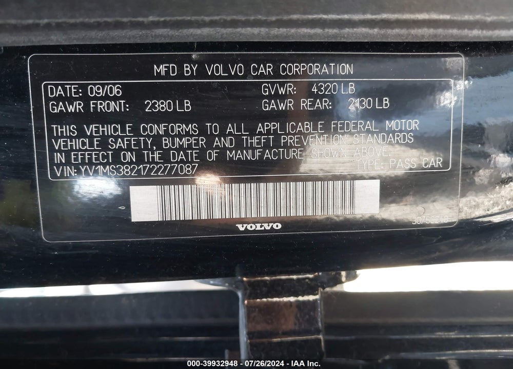 2007 VOLVO S40 2.4I VIN: YV1MS382172277087