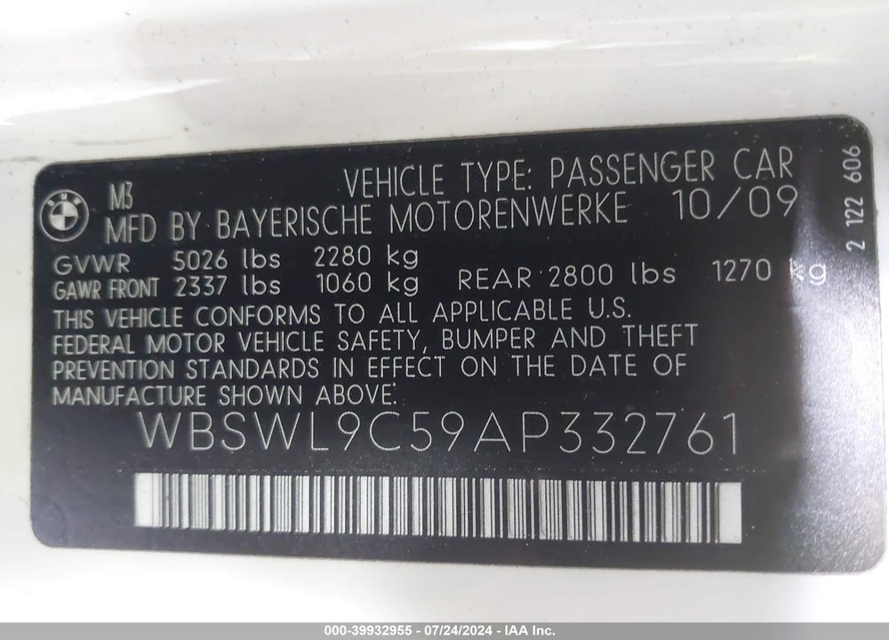 2010 BMW M3 VIN: WBSWL9C59AP332761
