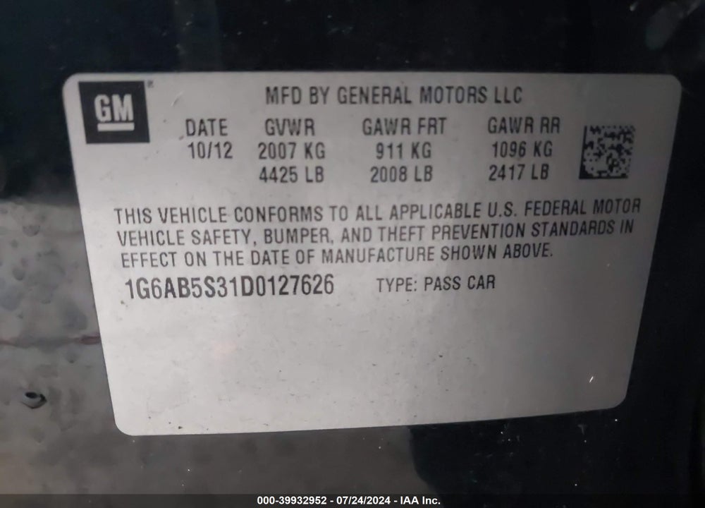 2013 CADILLAC ATS LUXURY VIN: 1G6AB5S31D0127626