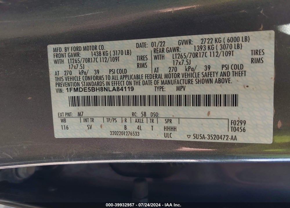 2022 FORD BRONCO BLACK DIAMOND VIN: 1FMDE5BH8NLA84119
