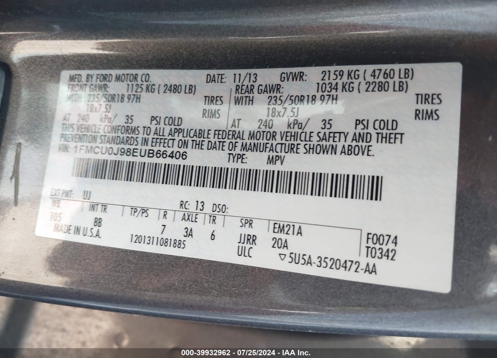 2014 FORD ESCAPE TITANIUM VIN: 1FMCU0J98EUB66406