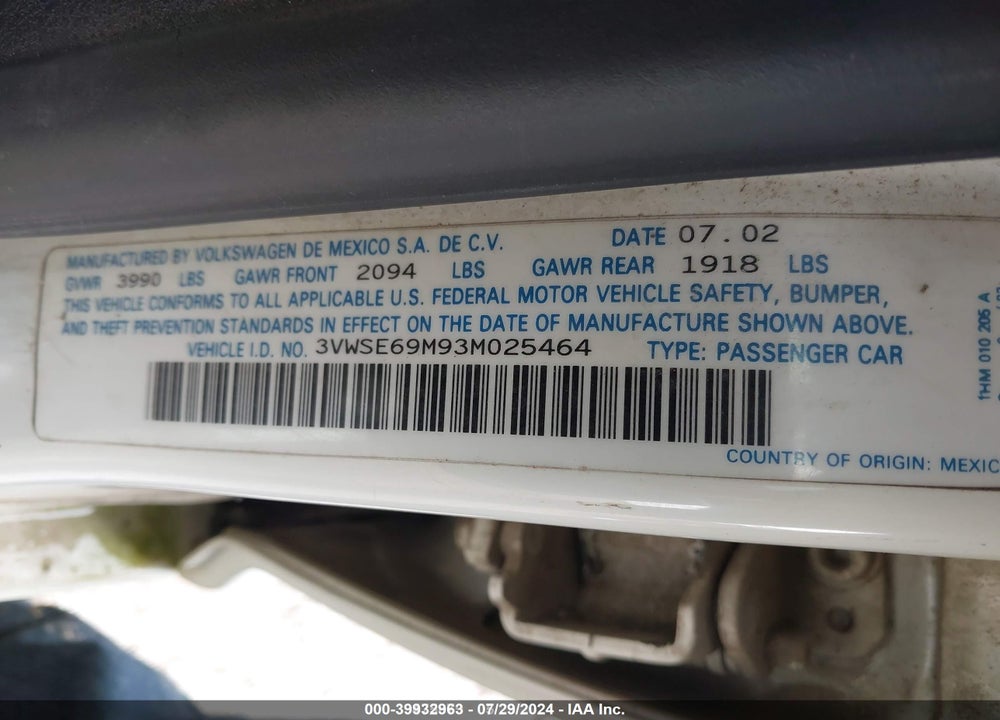 2003 VOLKSWAGEN JETTA GLS 1.8T VIN: 3VWSE69M93M025464