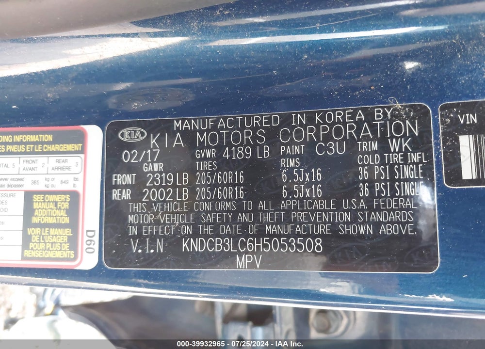 2017 KIA NIRO LX VIN: KNDCB3LC6H5053508