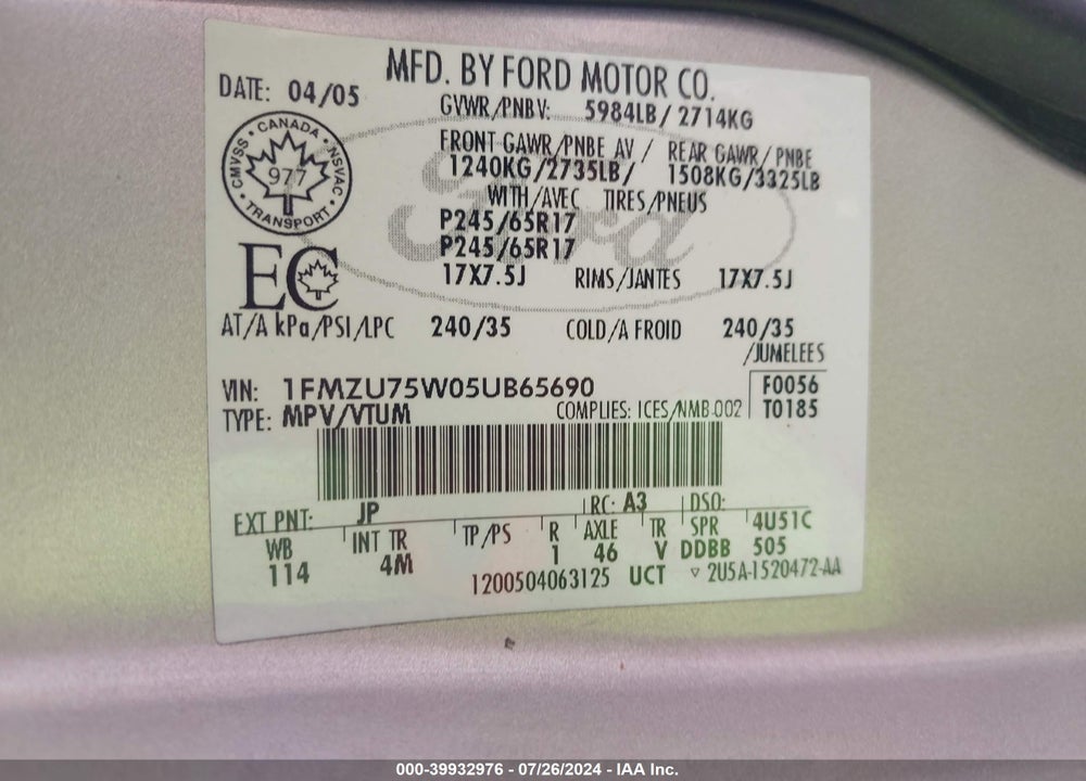2005 FORD EXPLORER LIMITED VIN: 1FMZU75W05UB65690