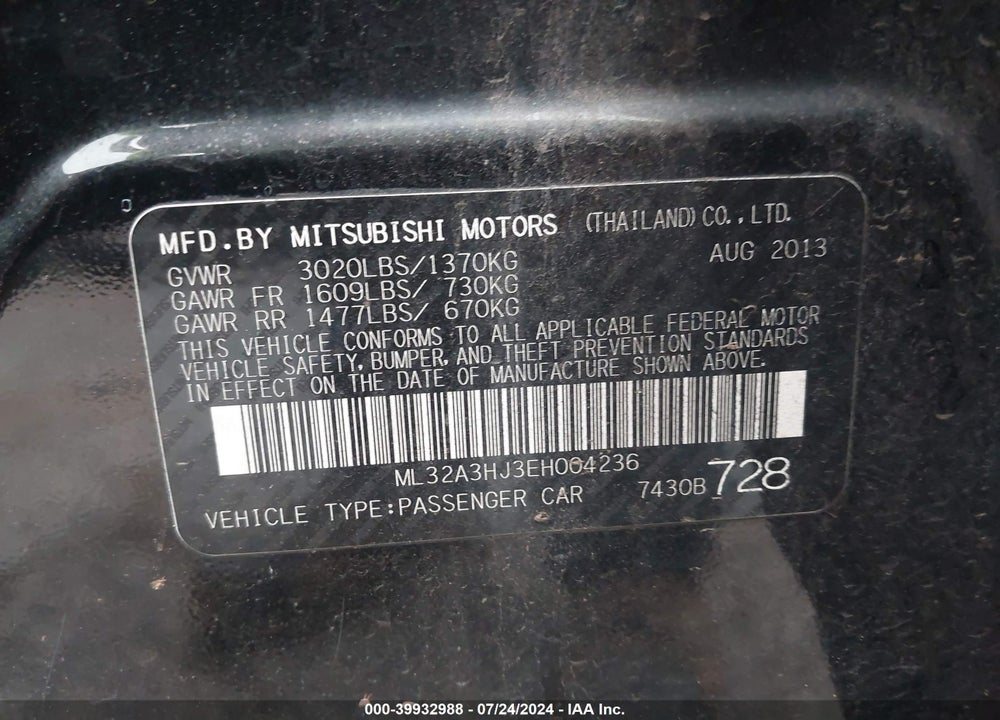 2014 MITSUBISHI MIRAGE DE VIN: ML32A3HJ3EH004236