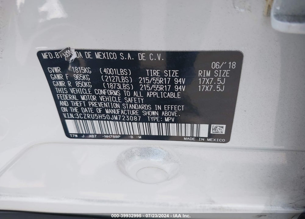 2018 HONDA HR-V EX VIN: 3CZRU5H50JM723087