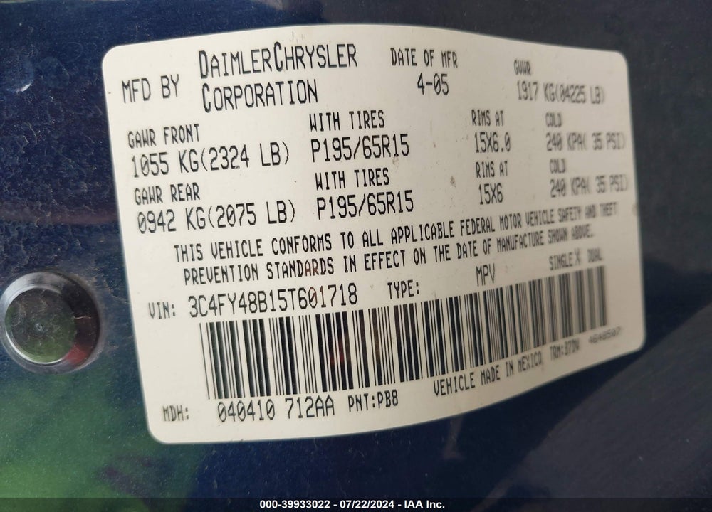 2005 CHRYSLER PT CRUISER VIN: 3C4FY48B15T601718