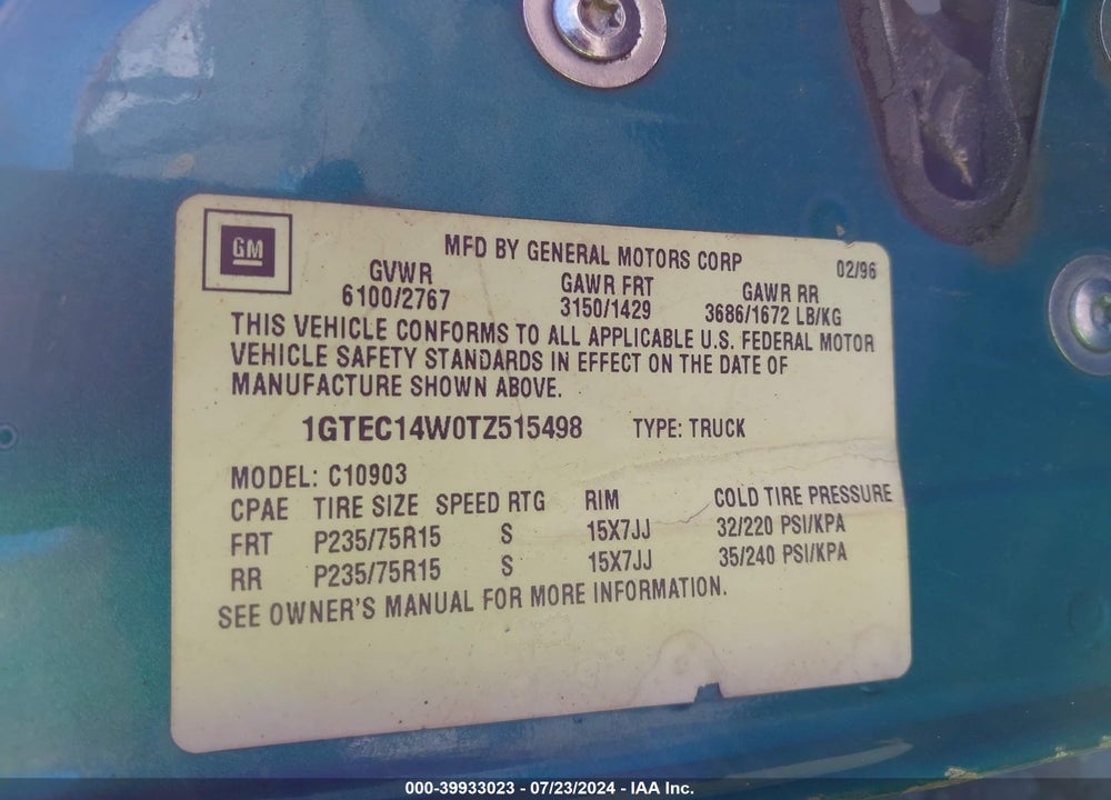 1996 GMC SIERRA C1500 VIN: 1GTEC14W0TZ515498