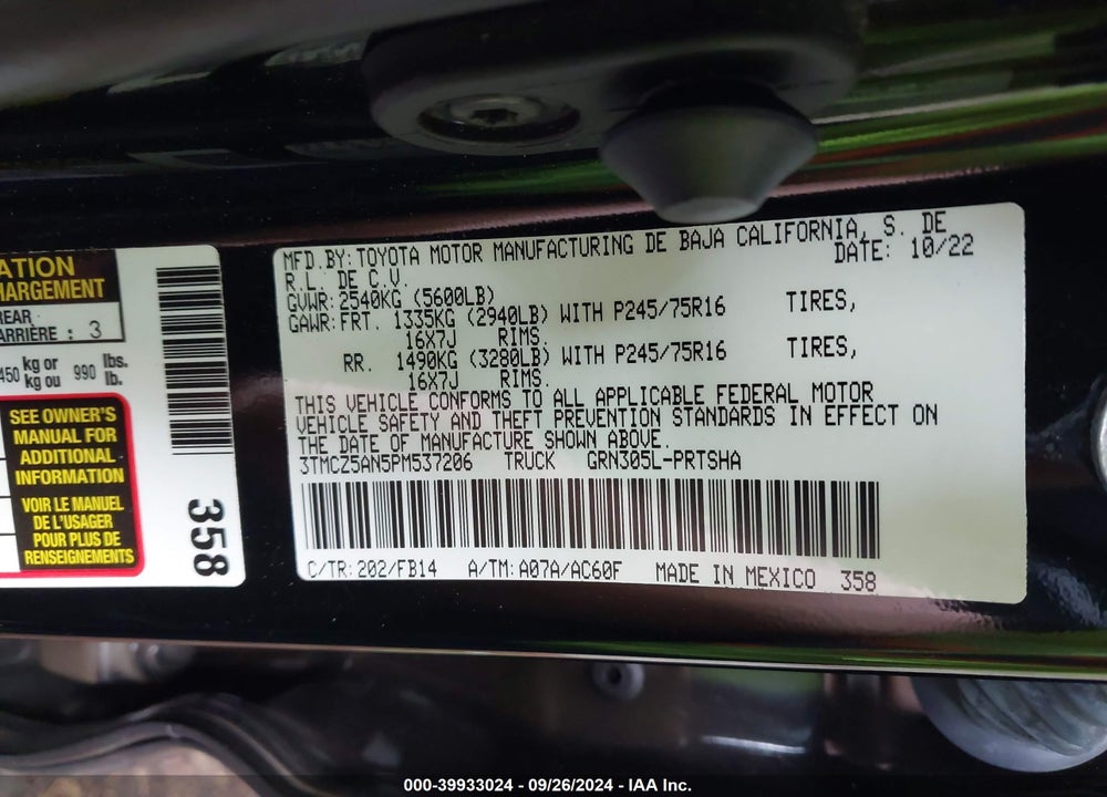 2023 TOYOTA TACOMA SR V6 VIN: 3TMCZ5AN5PM537206
