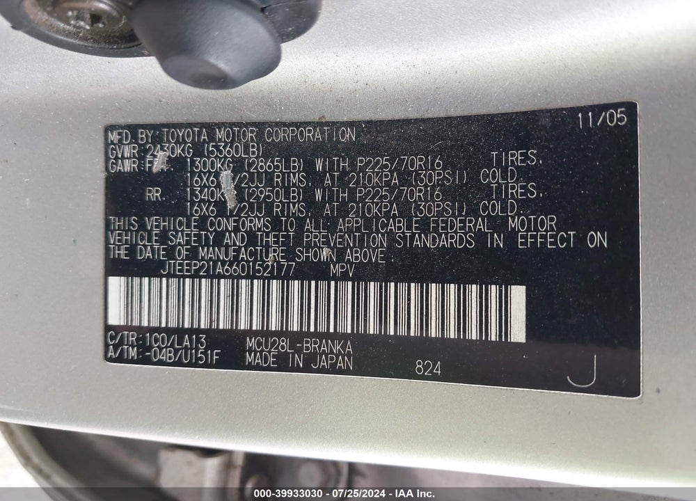 2006 TOYOTA HIGHLANDER V6 VIN: JTEEP21A660152177