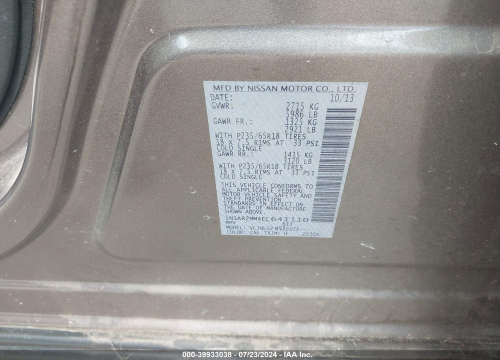 2014 NISSAN PATHFINDER SL VIN: 5N1AR2MM4EC641110