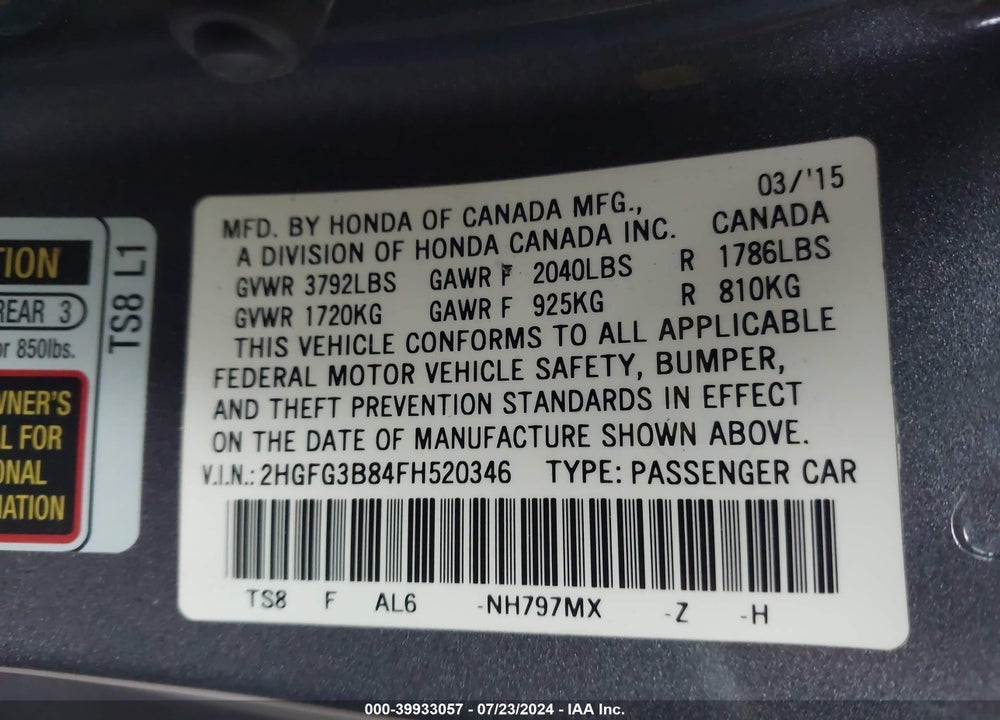 2015 HONDA CIVIC EX VIN: 2HGFG3B84FH520346