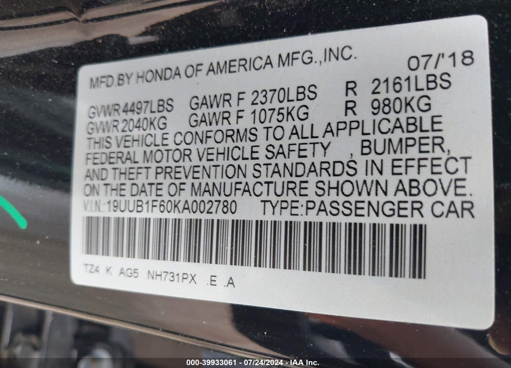 2019 ACURA TLX TECH & A-SPEC PKGS VIN: 19UUB1F60KA002780