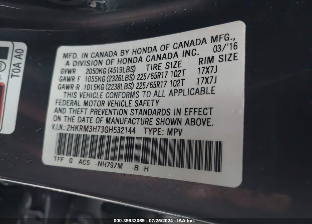 2016 HONDA CR-V EX-L VIN: 2HKRM3H73GH532144
