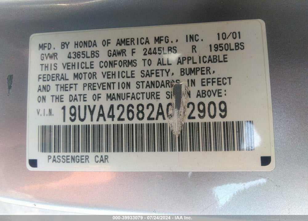 2002 ACURA CL 3.2 TYPE S VIN: 19UYA42682A002909