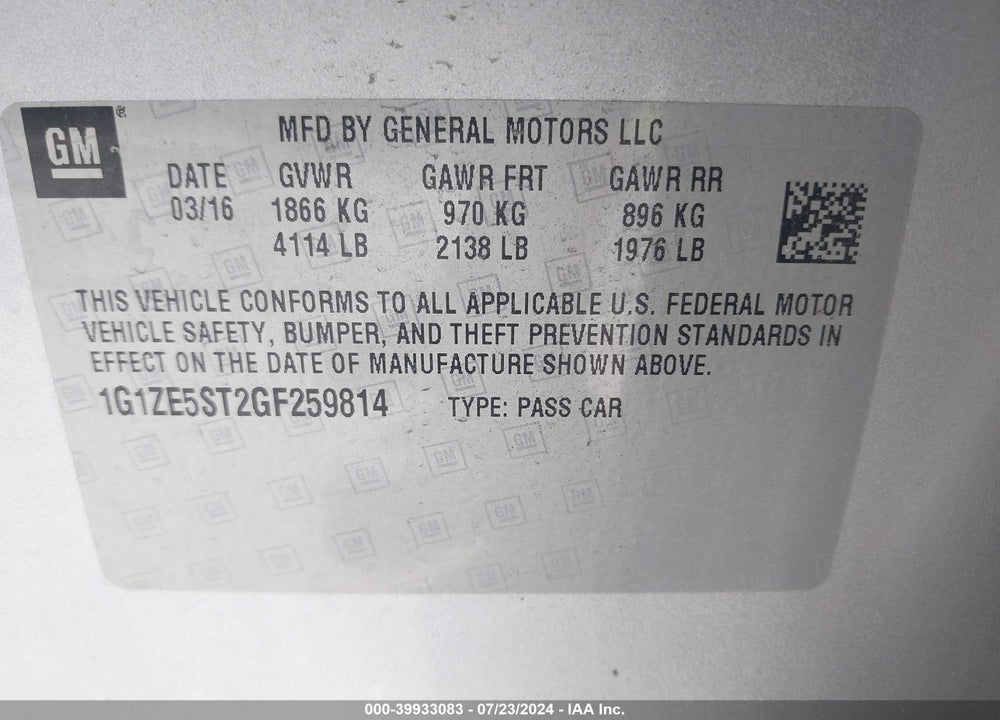 2016 CHEVROLET MALIBU 1LT VIN: 1G1ZE5ST2GF259814