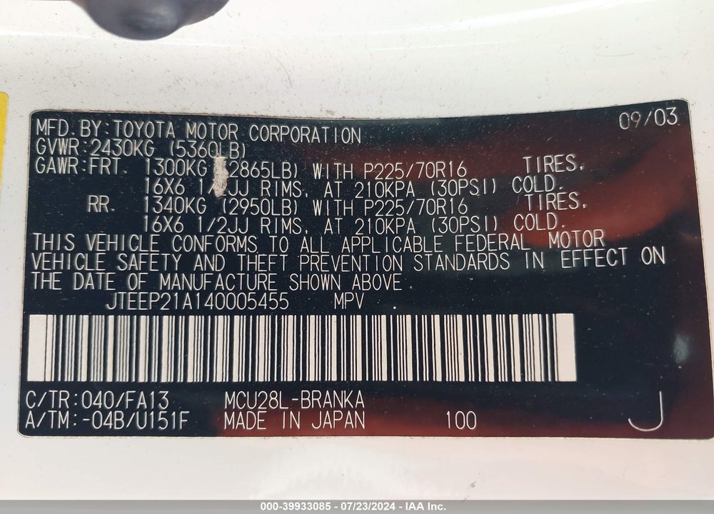 2004 TOYOTA HIGHLANDER V6 VIN: JTEEP21A140005455