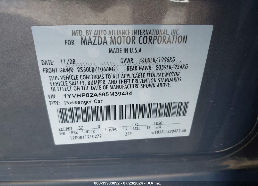 2009 MAZDA 6 I GRAND TOURING VIN: 1YVHP82A595M39434