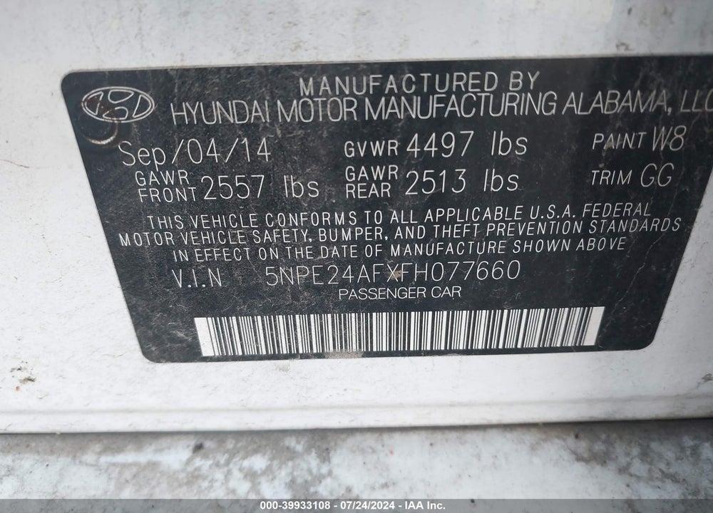 2015 HYUNDAI SONATA SE VIN: 5NPE24AFXFH077660