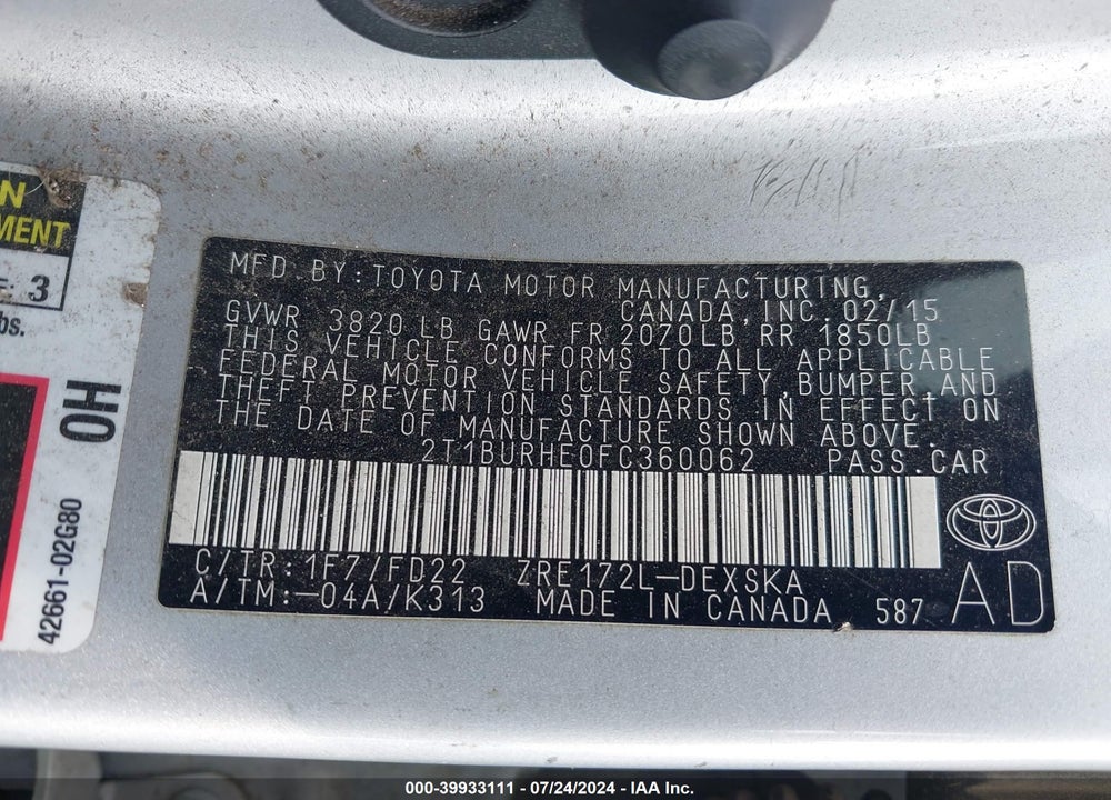2015 TOYOTA COROLLA S PLUS VIN: 2T1BURHE0FC360062