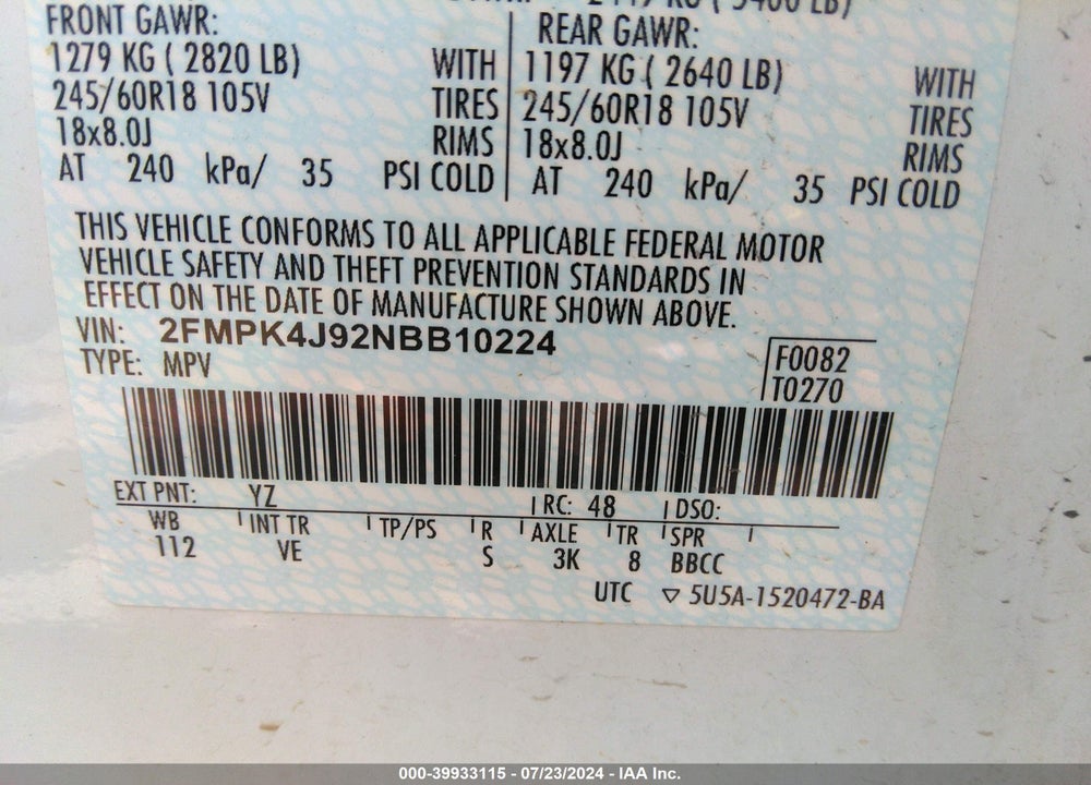 2022 FORD EDGE SEL VIN: 2FMPK4J92NBB10224