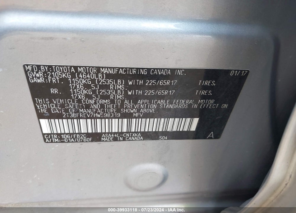 2017 TOYOTA RAV4 LE VIN: 2T3BFREV7HW598319