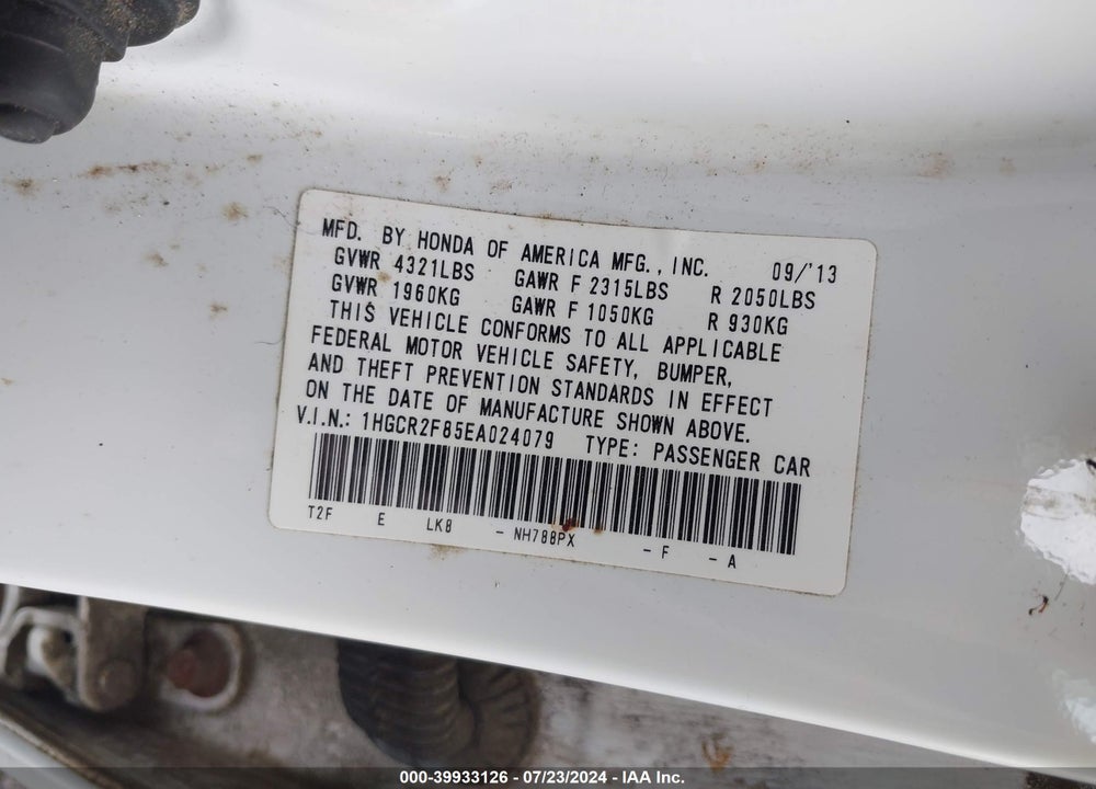 2014 HONDA ACCORD EX-L VIN: 1HGCR2F85EA024079