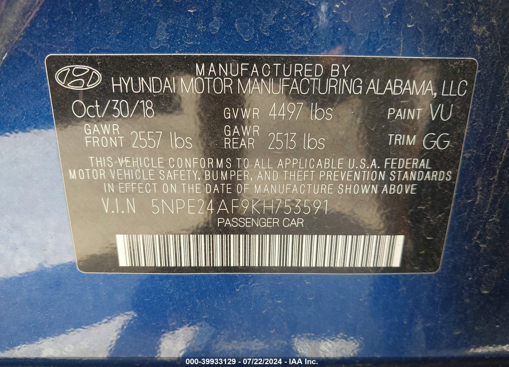 2019 HYUNDAI SONATA SE VIN: 5NPE24AF9KH753591