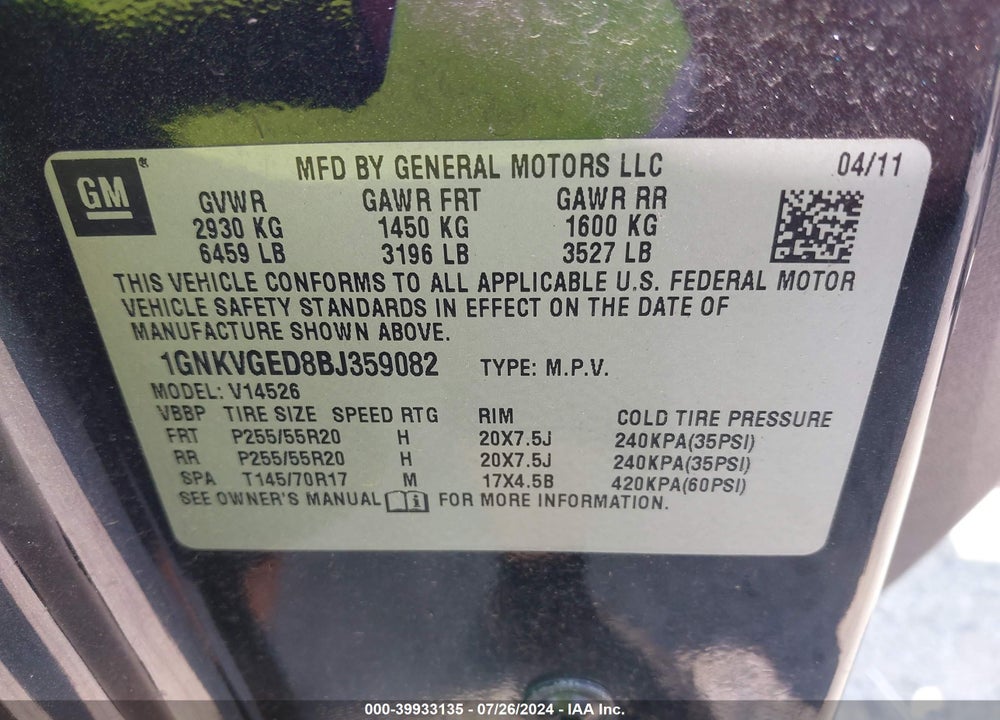 2011 CHEVROLET TRAVERSE 1LT VIN: 1GNKVGED8BJ359082
