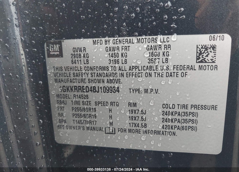 2011 GMC ACADIA SLT-1 VIN: 1GKKRRED4BJ109934