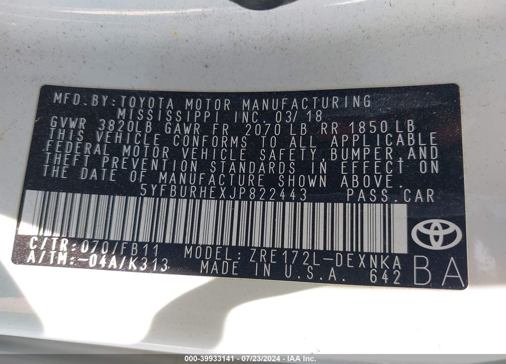 2018 TOYOTA COROLLA LE VIN: 5YFBURHEXJP822443