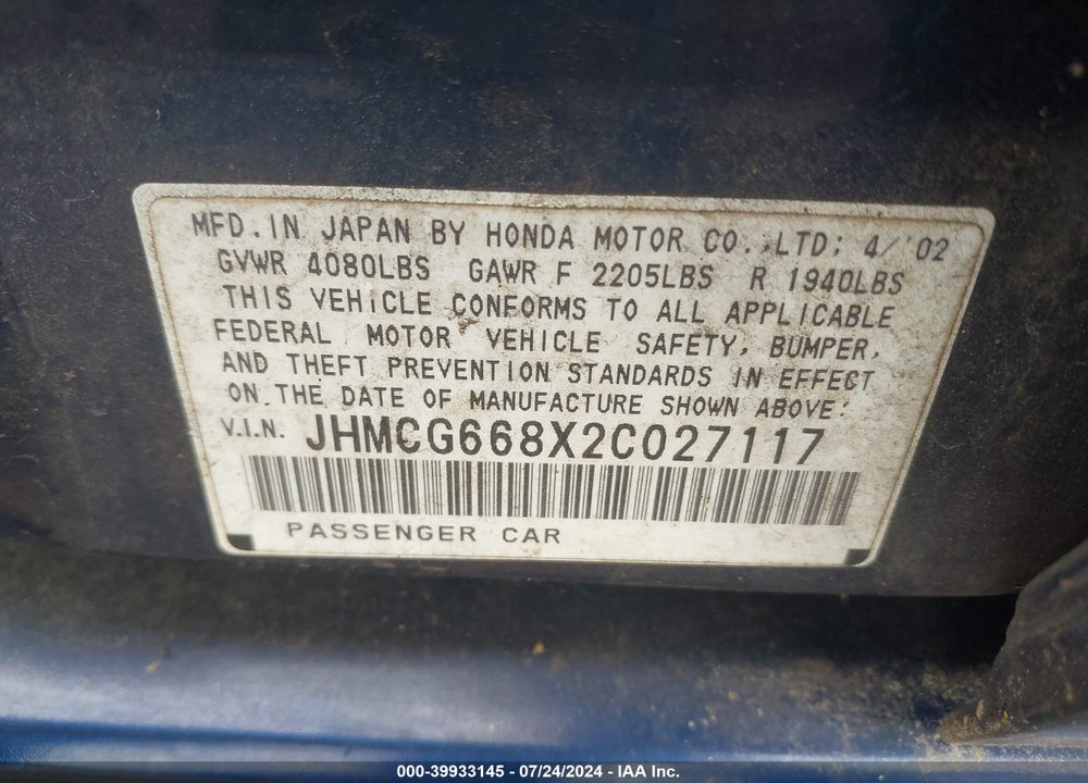 2002 HONDA ACCORD 2.3 EX/2.3 SE VIN: JHMCG668X2C027117