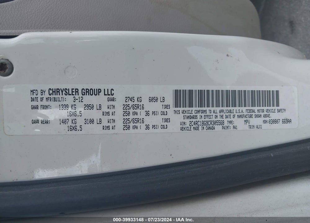 2012 CHRYSLER TOWN & COUNTRY TOURING VIN: 2C4RC1BG9CR305568