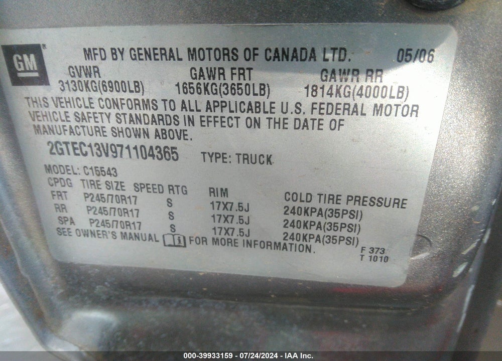 2007 GMC SIERRA 1500 CLASSIC SL VIN: 2GTEC13V971104365