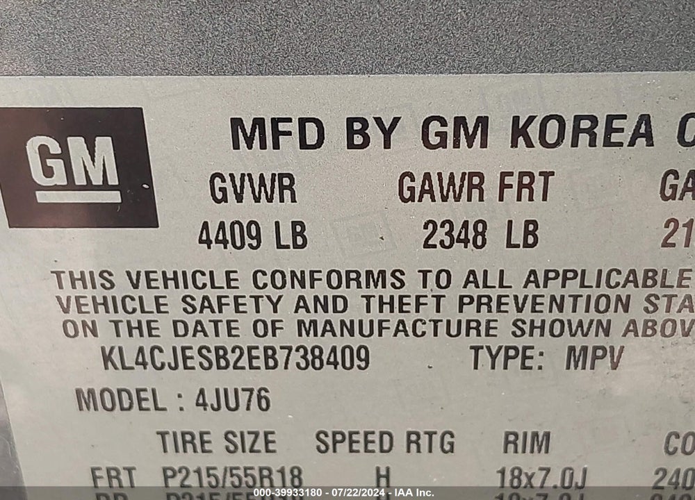2014 BUICK ENCORE VIN: KL4CJESB2EB738409