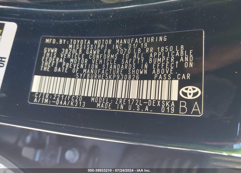 2019 TOYOTA COROLLA SE VIN: 5YFBURHE5KP930826
