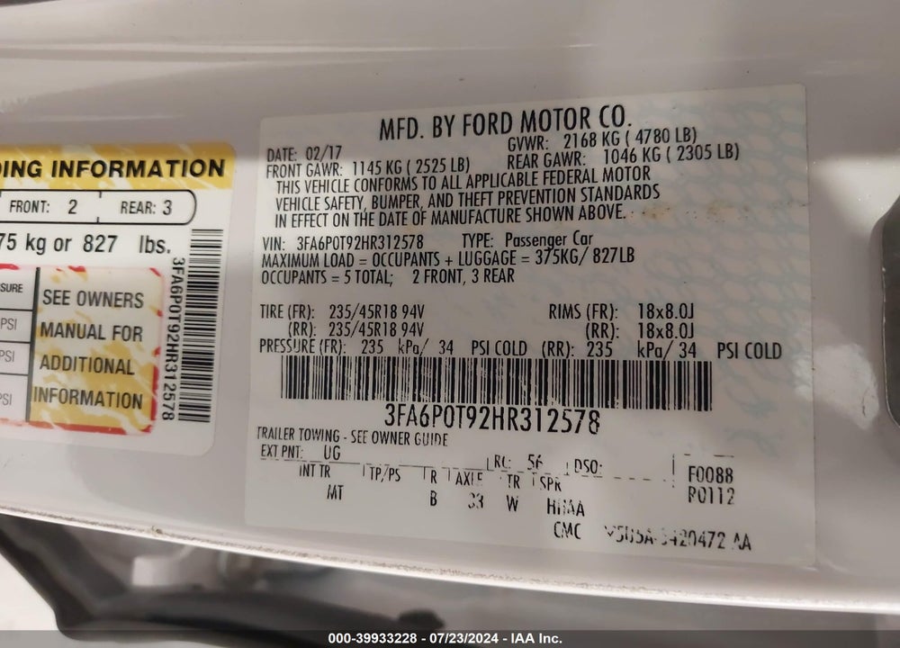 2017 FORD FUSION SE VIN: 3FA6P0T92HR312578
