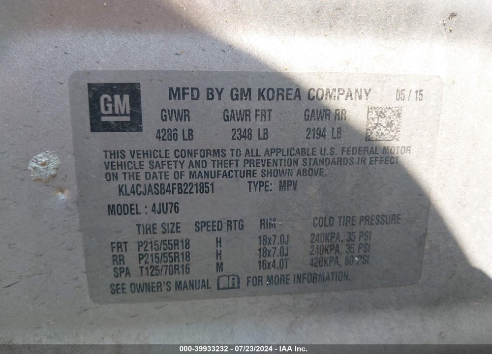 2015 BUICK ENCORE VIN: KL4CJASB4FB221851